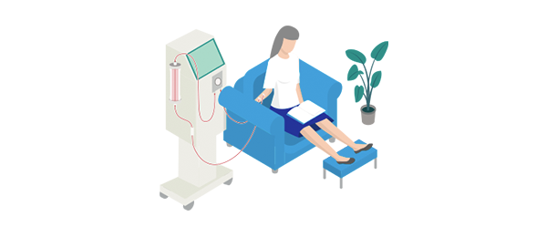 Home hemodialysis patient reading a book on a blue chair during home HD therapy